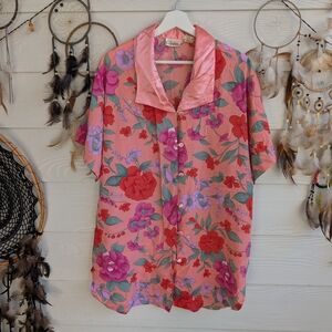 Victoria's Secret Vintage Button Down Night Shirt Gown Coral Peach Floral Small